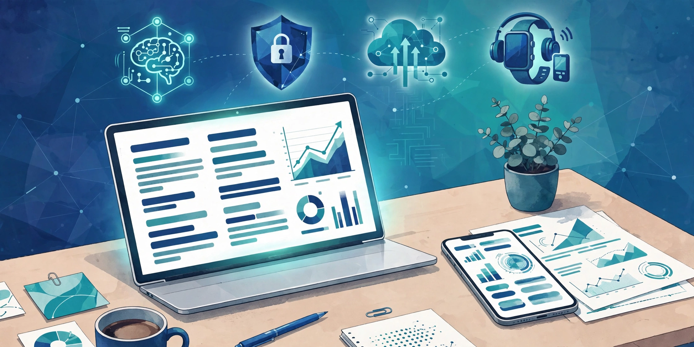 GeckTech.com tech blog review — laptop and smartphone with AI, cybersecurity and gadget icons